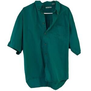 Vintage Bugle Boy Short Sleeve Button Down Shirt XL Teal Green Embroidered Crest